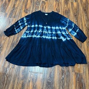 Mud Pie Size M Ellison Navy & White Tie-Dye Oversized Mini Dress L Long Sleeve